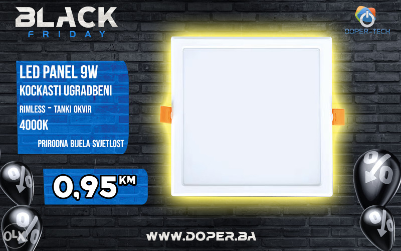 LED Panel RIMLESS Kockasti Ugradbeni 9W 4K Black Friday Moj Dom LED