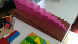 Montessori brown stairs and pink tower