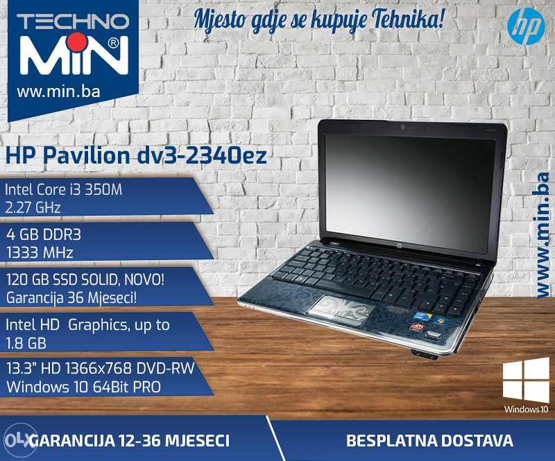 HP Pavilion dv3 2340ez, i3 350M 2.27/4/120SSD/WEBCAM