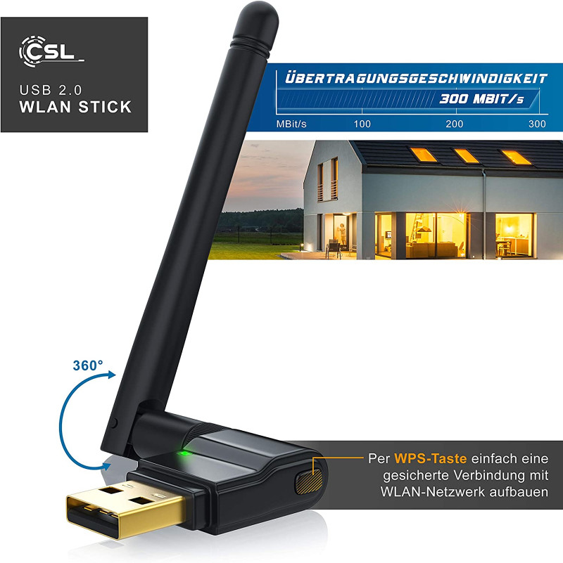 CSL–300 Mbit/s Wireless LAN USB 2.0 Stick with Antenna
