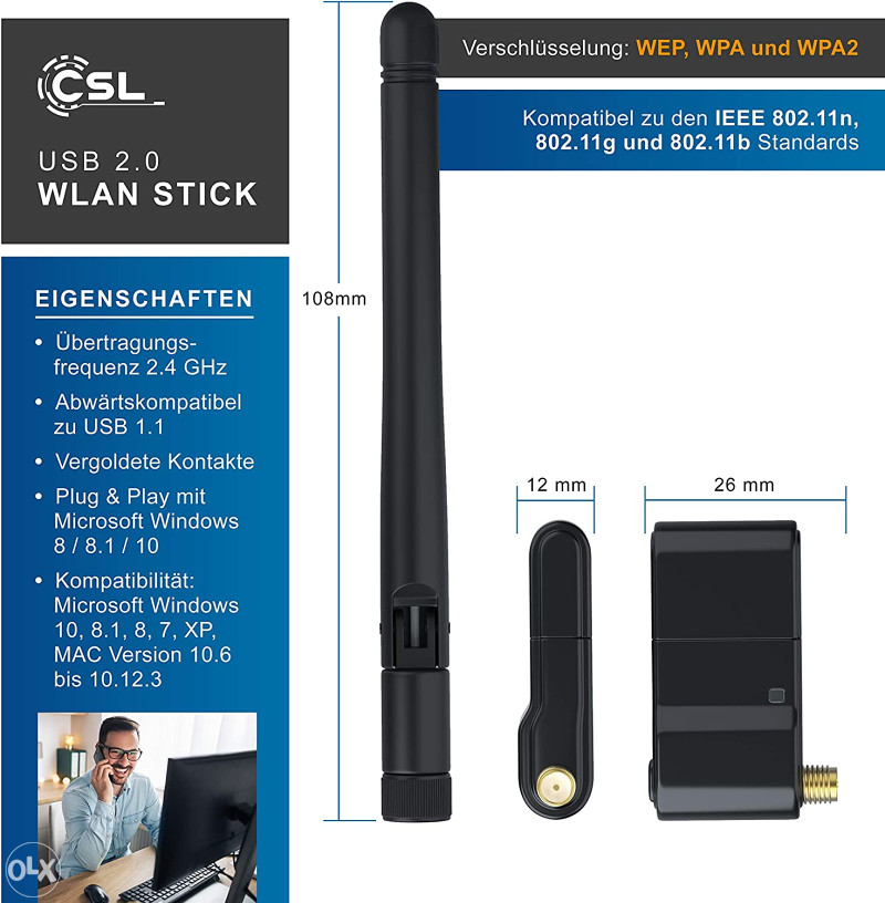 CSL–300 Mbit/s Wireless LAN USB 2.0 Stick with Antenna