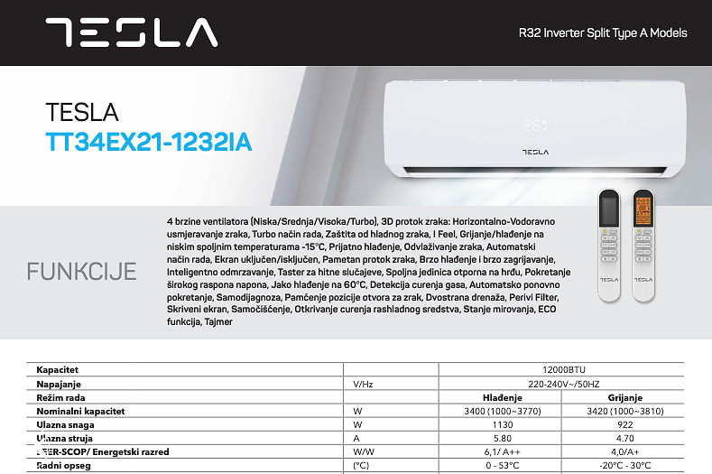 Klima Uređaj Inverter Tesla TT34EX21-1232IA 12000 BTU - Klima Uređaji ...