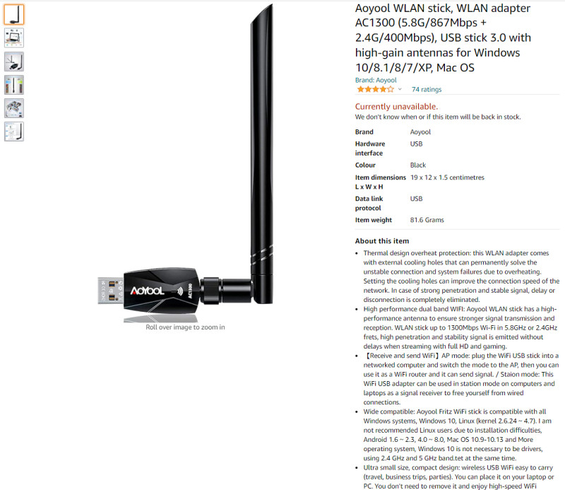 Aoyool AC1300 WLAN USB 3.0 adapter/antena