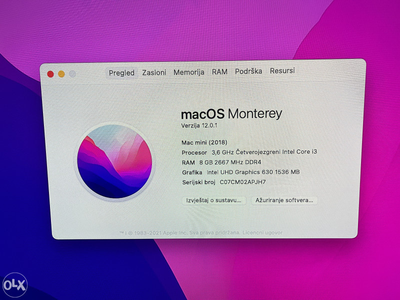 Apple Mac Mini 2018 i3 3,6GHz 8GB RAM 256GB SSD