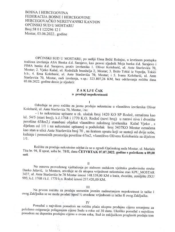 stan i kuća u Mostaru SUDSKA PRODAJA