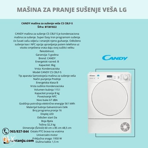MAŠINA ZA SUŠENJE VEŠA CS C8LF-S CANDY