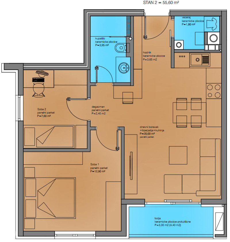 Stan 55,60m2 | Prizemlje Pr2 | Novogradnja | Stup