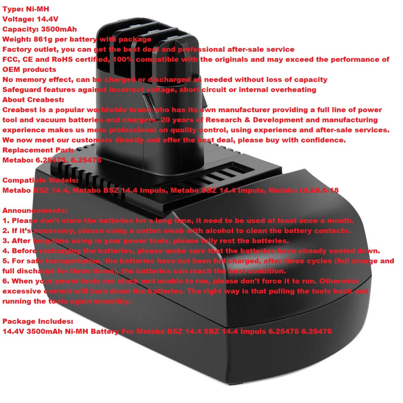 14.4V 3500mAh Ni-MH baterija za Metabo BSZ 14.4 Impuls
