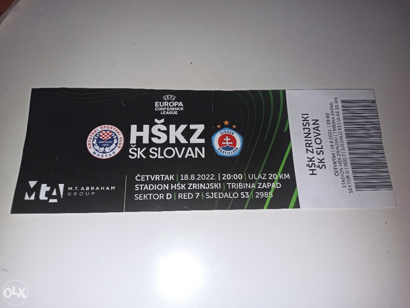 Ulaznica Zrinjski - Slovan Bratislava UEFA Conference l