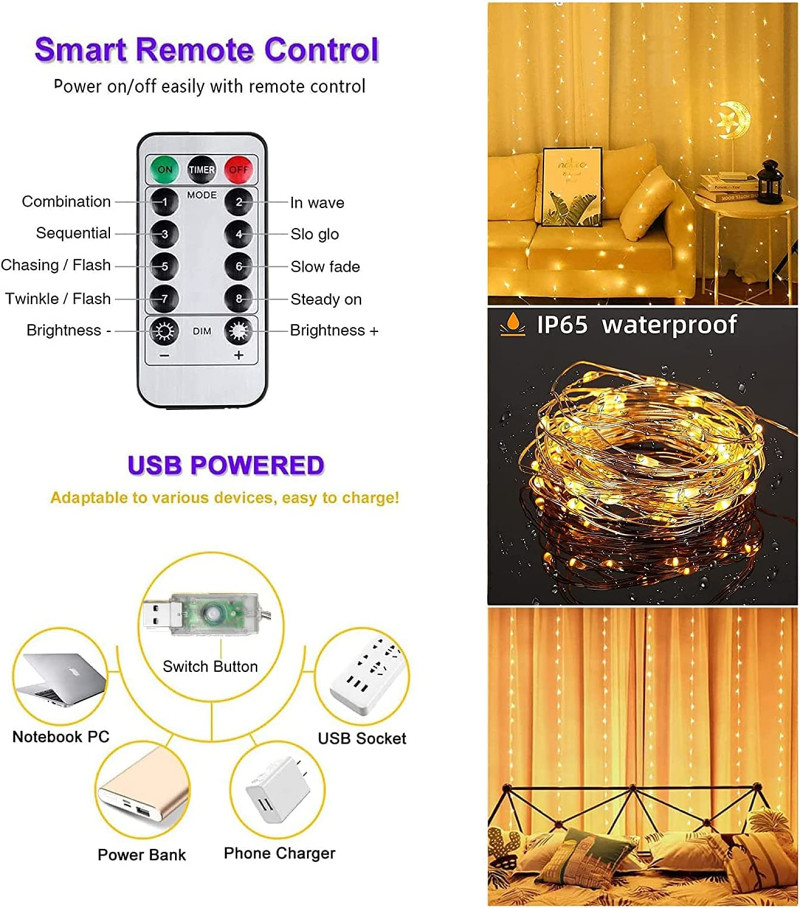 3m x 3m LED zavjese, 10 krakova, USB napajanje